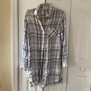 Plaid Long Sleeve Dress w/ Distressed Hem
